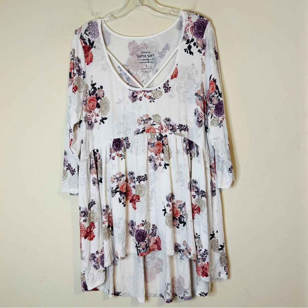 Torrid Floral Print Baby Doll Tunic Sz 1X White Pink & Green Feminine Romantic